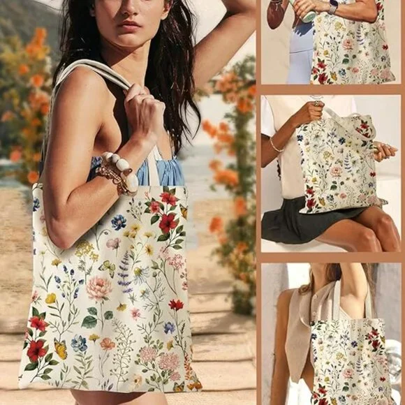 Flowering Shrub Aesthetic Canvas Tote Bag - Reusable Shoulder Tote Bag - Picture 6 of 6